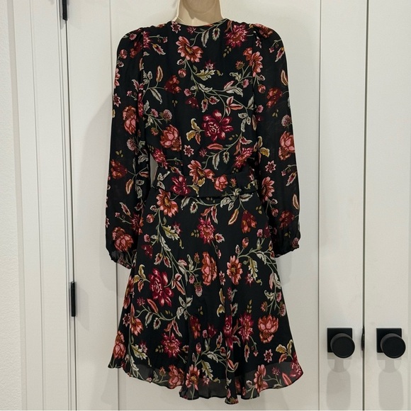 A.L.C Annette Mini Dress Silk Floral Long Sleeve V Neck Twist Front Black Size 2 - Picture 6 of 14